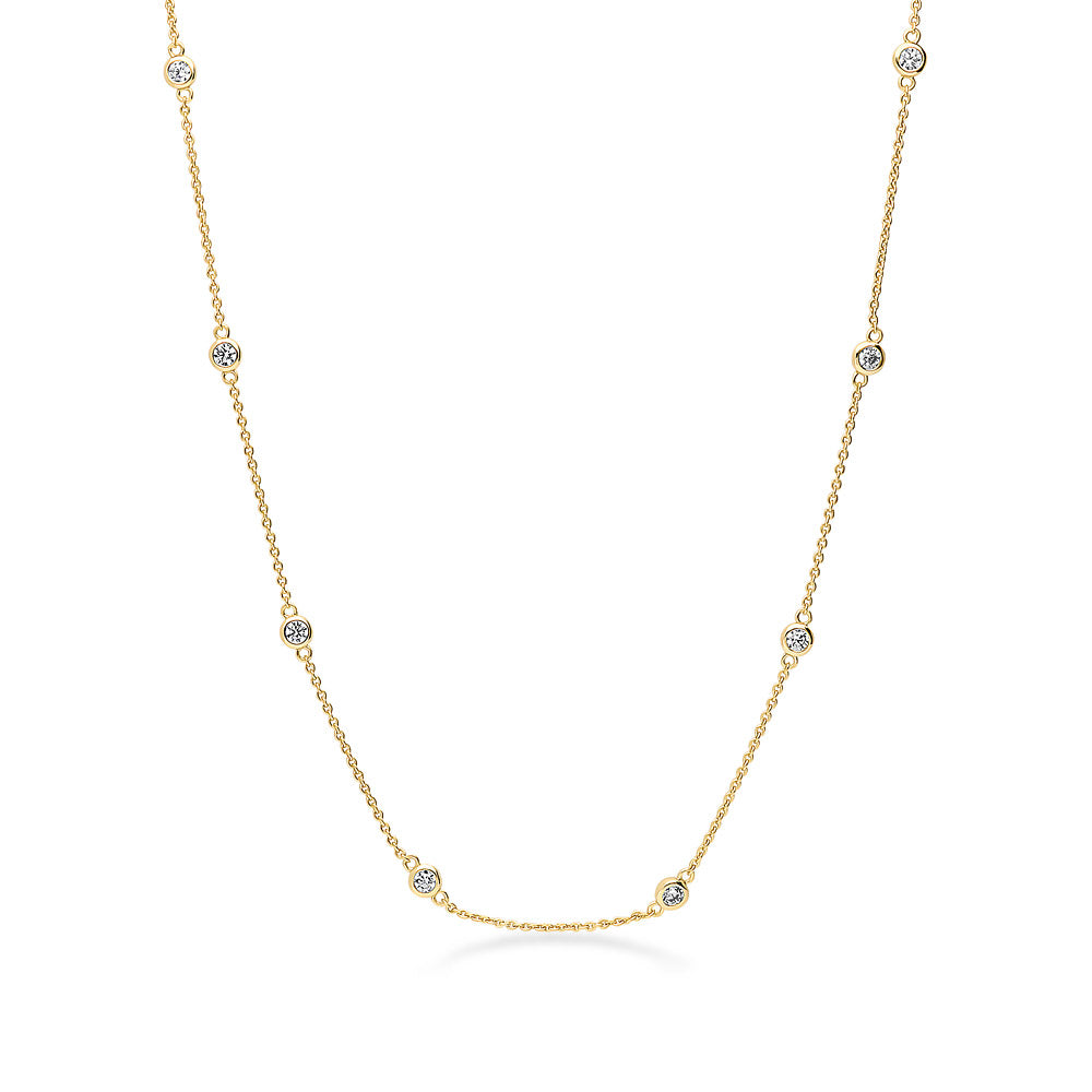 Station CZ Station Necklace in Sterling Silver, Yellow Gold Flashed / 16 inch + 2 inch extension