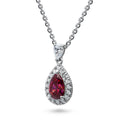 Front view of Halo Pear CZ Necklace and Earrings in Sterling Silver, Red