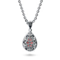 Angle view of Halo Pear CZ Necklace and Earrings in Sterling Silver, Red