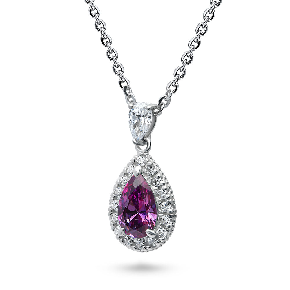 Front view of Halo Pear CZ Necklace in Sterling Silver, 4 of 15