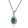 Front view of Halo Pear CZ Necklace and Earrings in Sterling Silver, Green