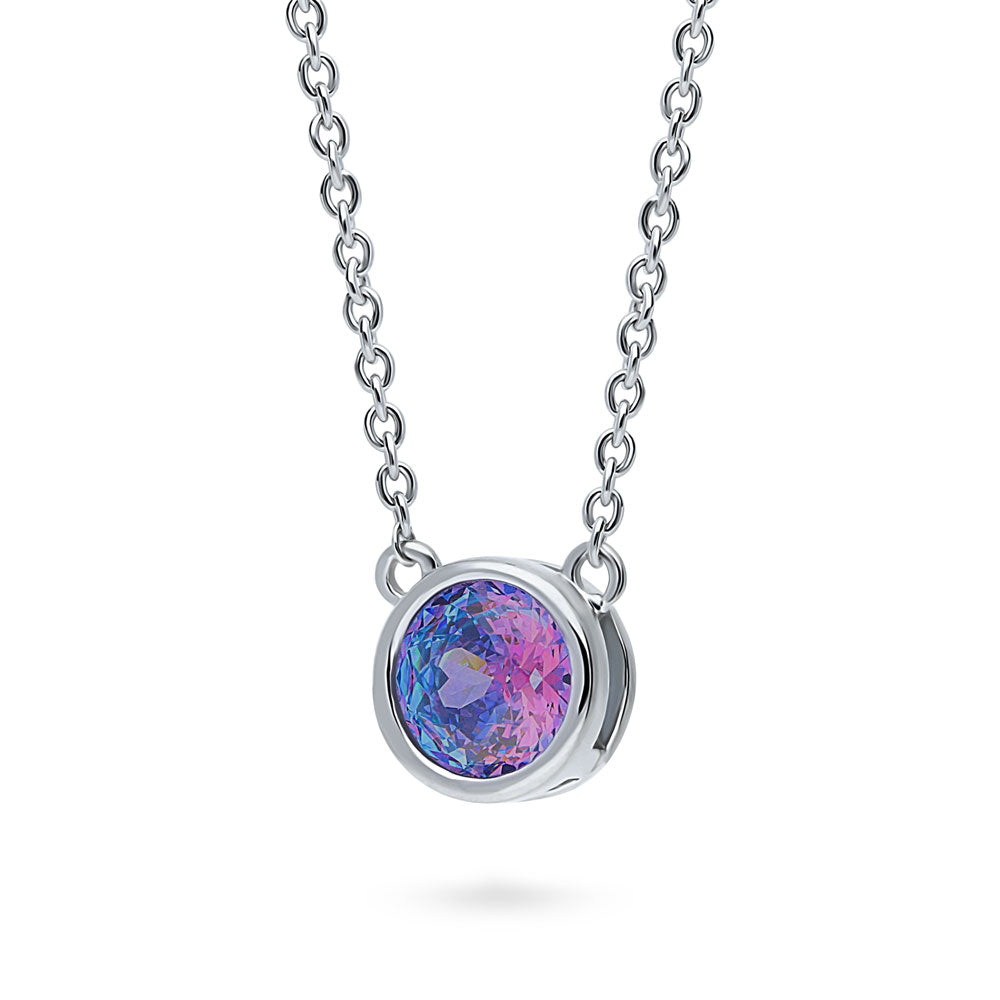 Front view of Solitaire Kaleidoscope Bezel CZ Necklace in Sterling Silver 0.8ct, Purple Aqua Color