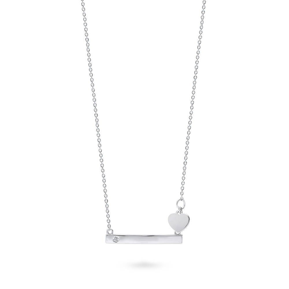 Bar Heart CZ Necklace in Sterling Silver, Rhodium Plated