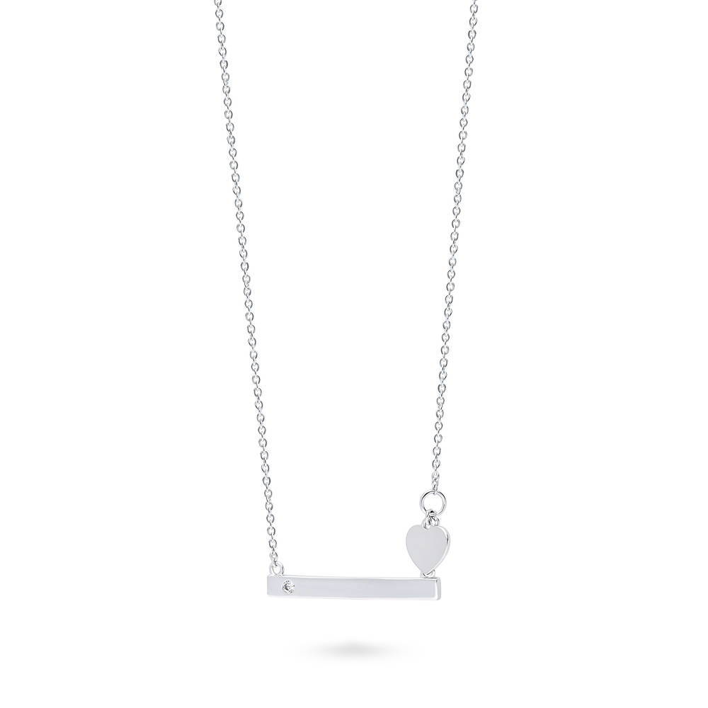 Angle view of Bar Heart CZ Necklace in Sterling Silver, Rhodium Plated