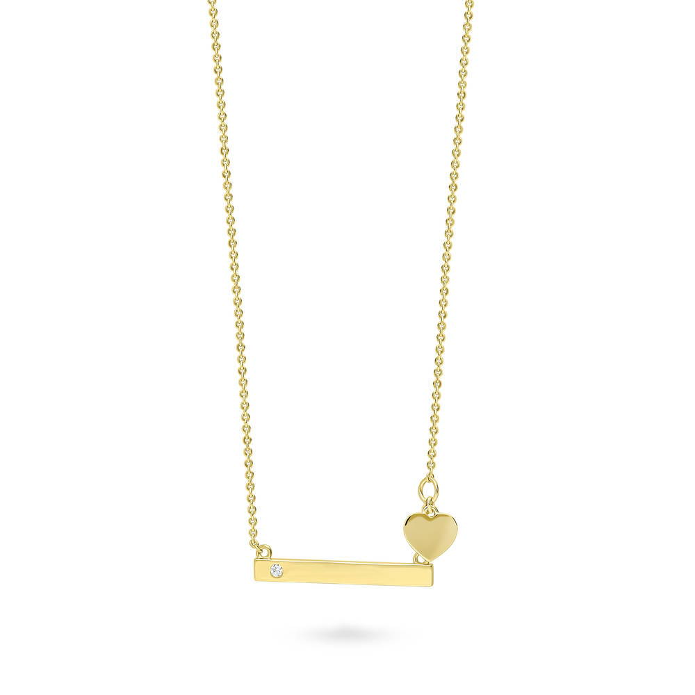 Angle view of Bar Heart CZ Necklace in Sterling Silver, Yellow Gold Flashed