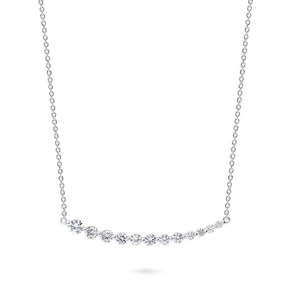 Front view of Graduated Bar CZ Necklace in Sterling Silver, Rhodium Plated