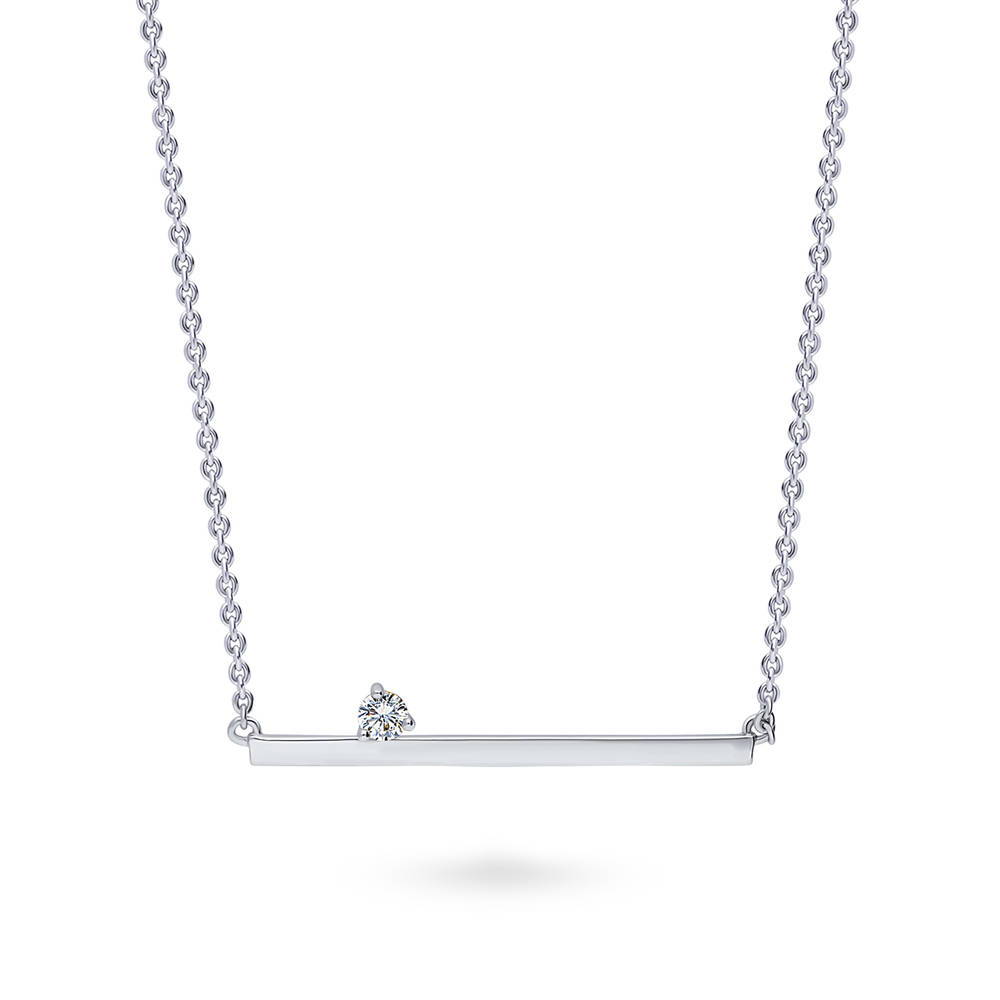 Front view of Bar CZ Pendant Necklace in Sterling Silver, Rhodium Plated