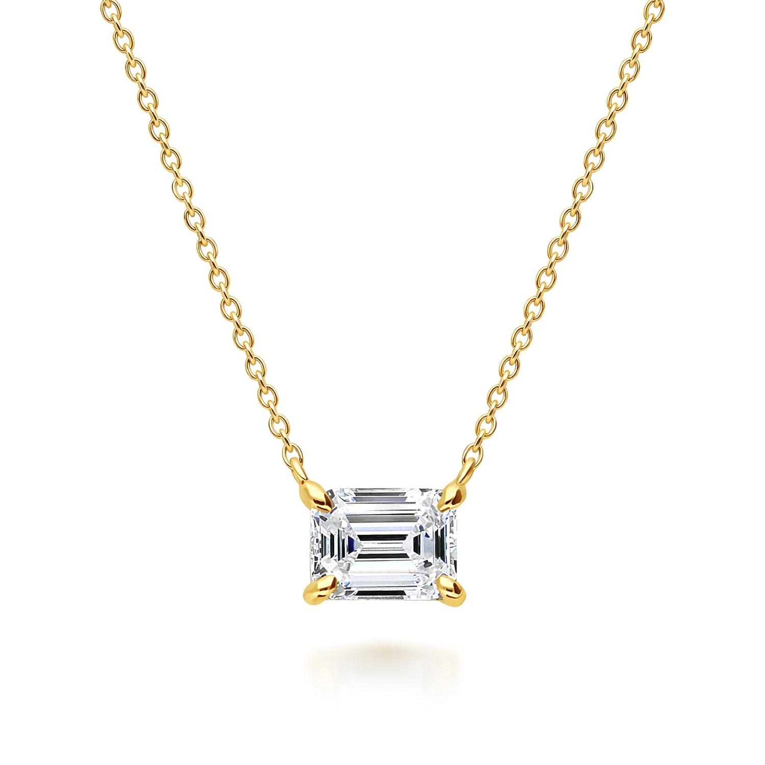 Solitaire East-West Emerald Cut CZ Necklace in Sterling Silver, Gold Flashed