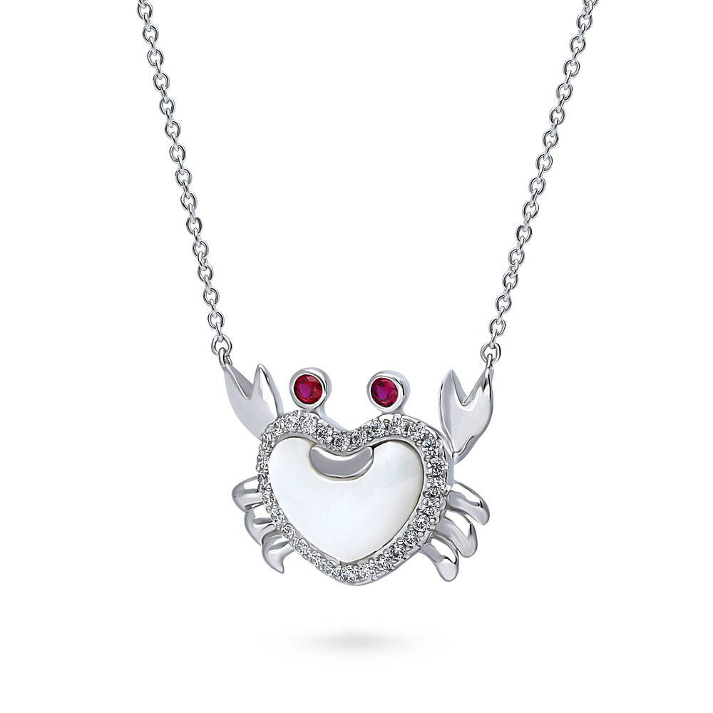 Front view of Crab Mother Of Pearl Necklace in Sterling Silver, Rhodium Plated