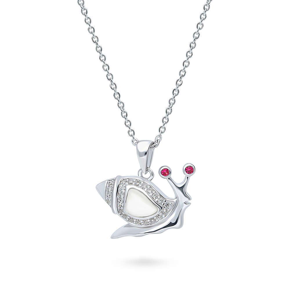 Front view of Snail Mother Of Pearl Necklace in Sterling Silver, Rhodium Plated