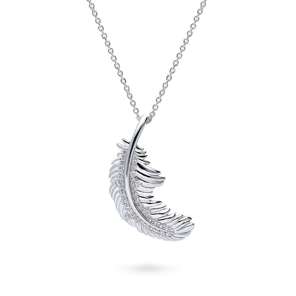 Feather CZ Necklace and Earrings in Sterling Silver, Rhodium Plated