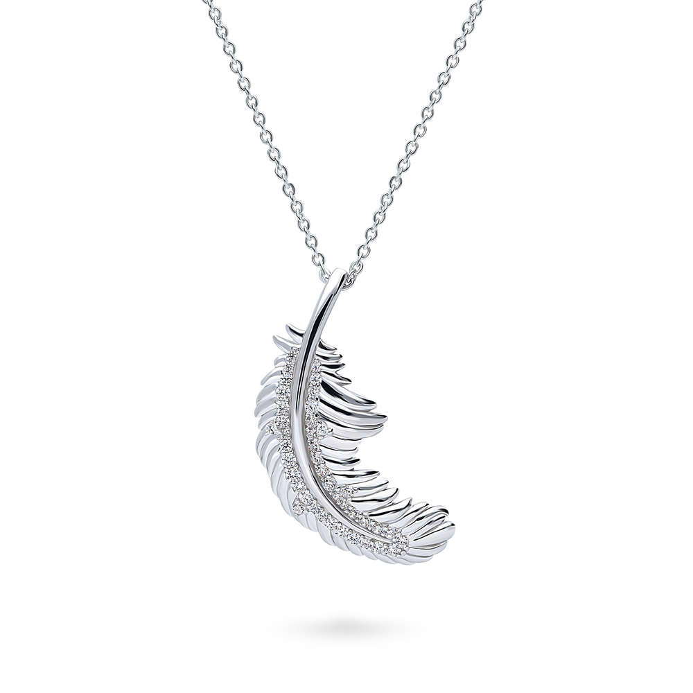 Feather CZ Pendant Necklace in Sterling Silver