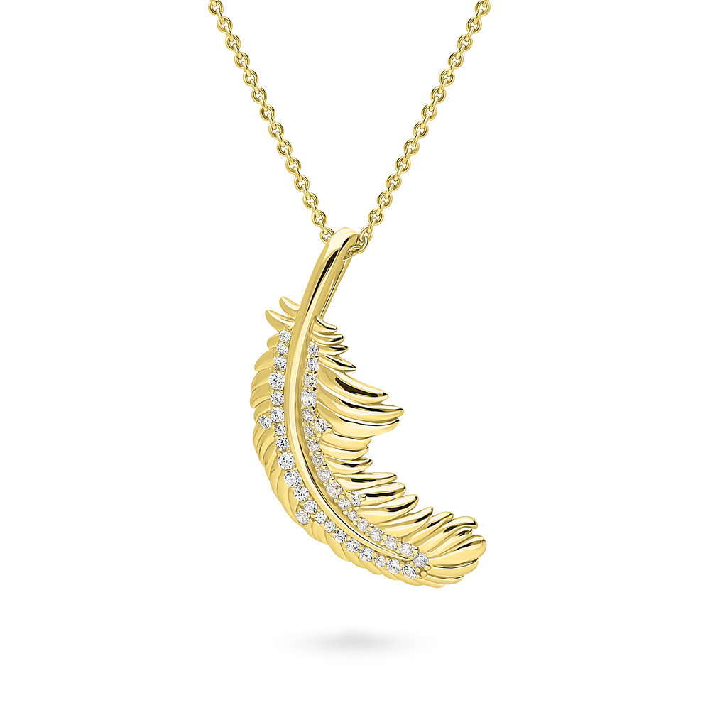 Front view of Feather CZ Necklace and Earrings in Sterling Silver, Yellow Gold Flashed