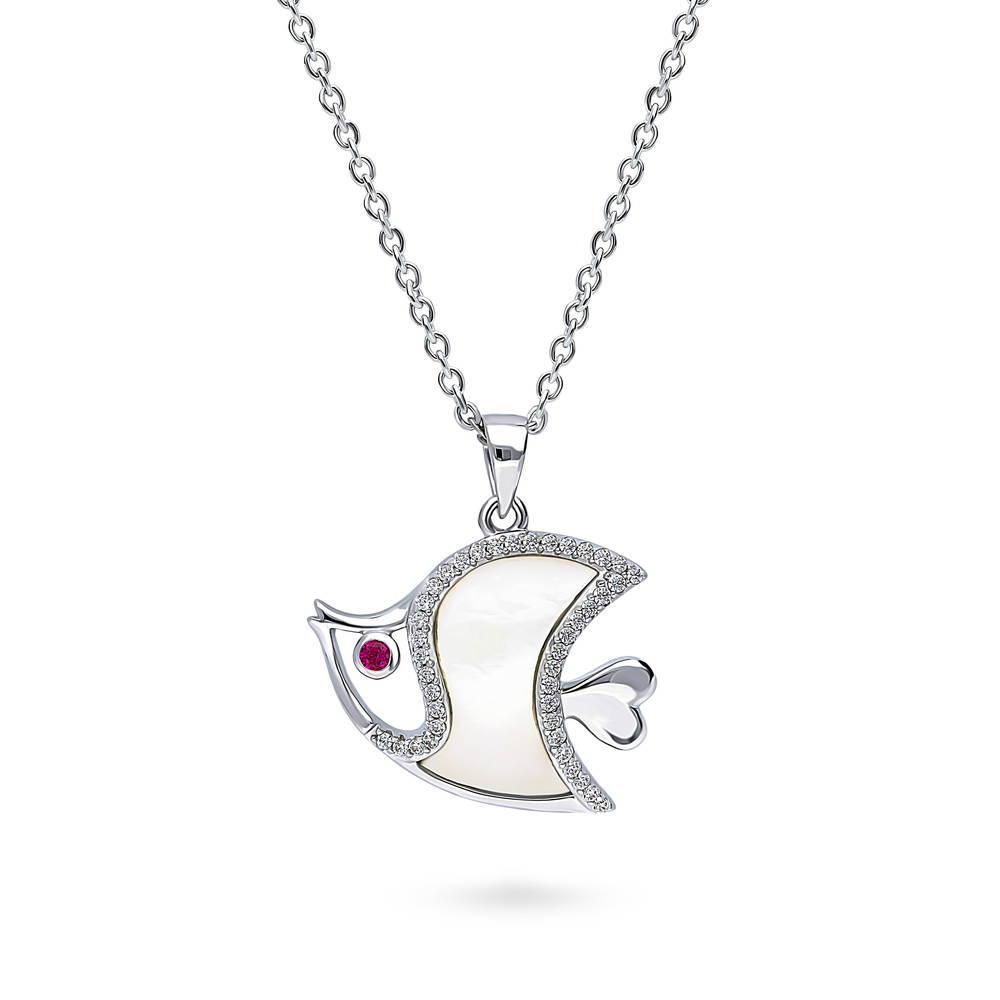 Fish Mother Of Pearl Necklace in Sterling Silver, Rhodium Plated