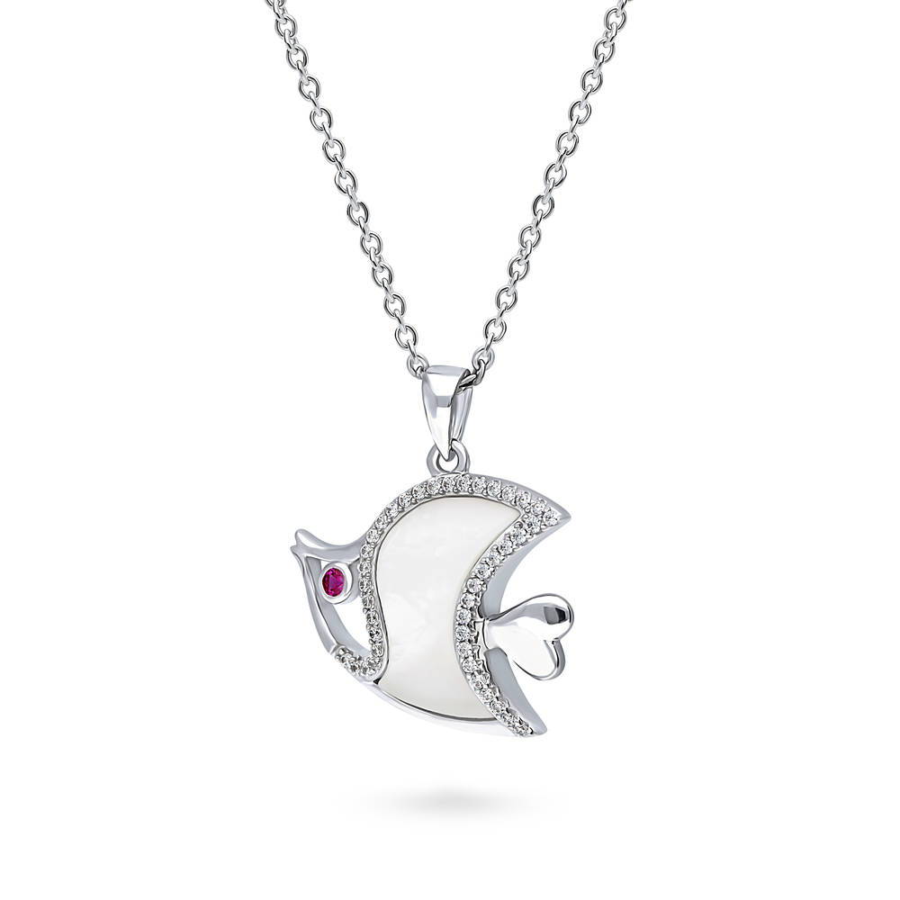 Front view of Fish Mother Of Pearl Necklace in Sterling Silver, Rhodium Plated