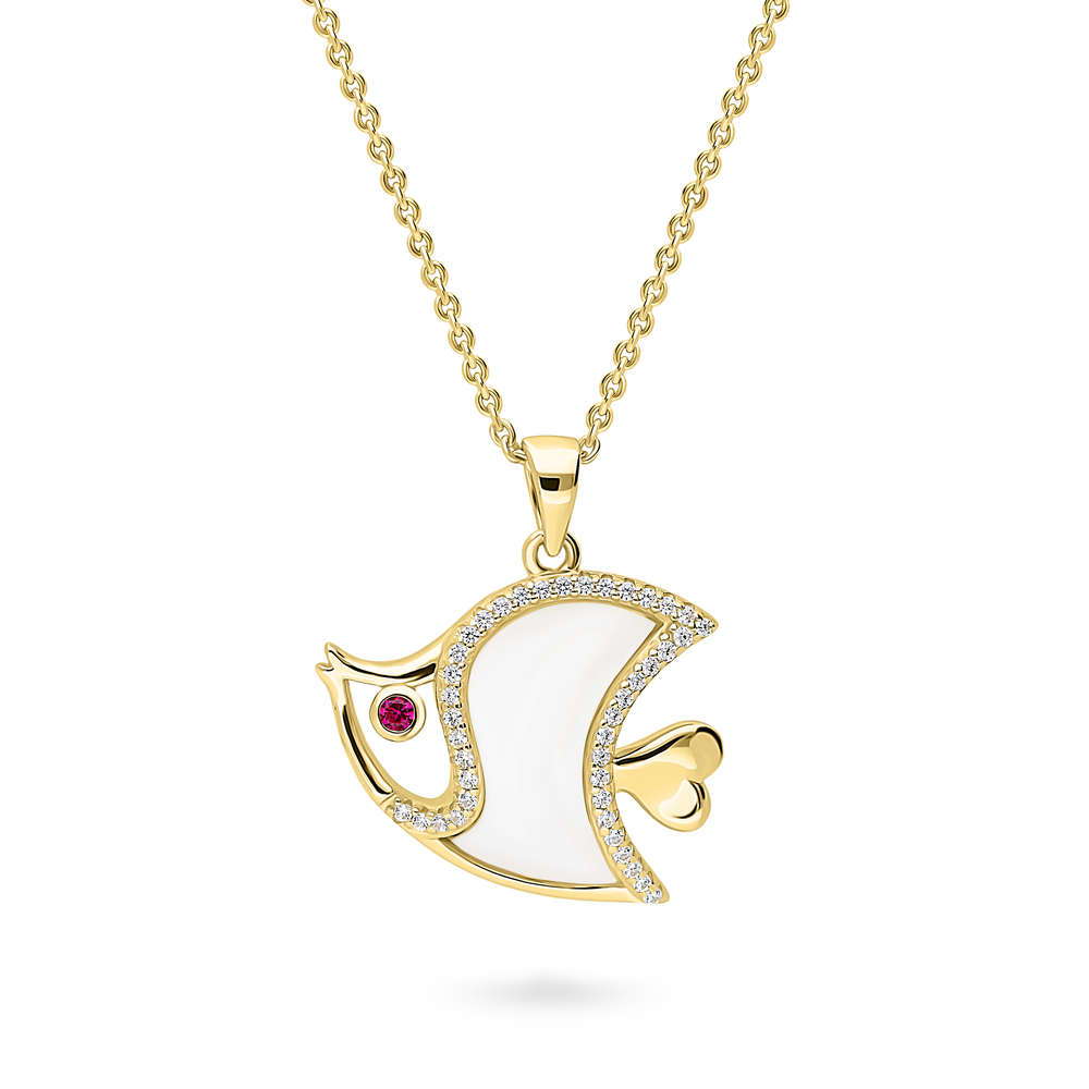 Fish Mother Of Pearl Necklace in Sterling Silver, Yellow Gold Flashed