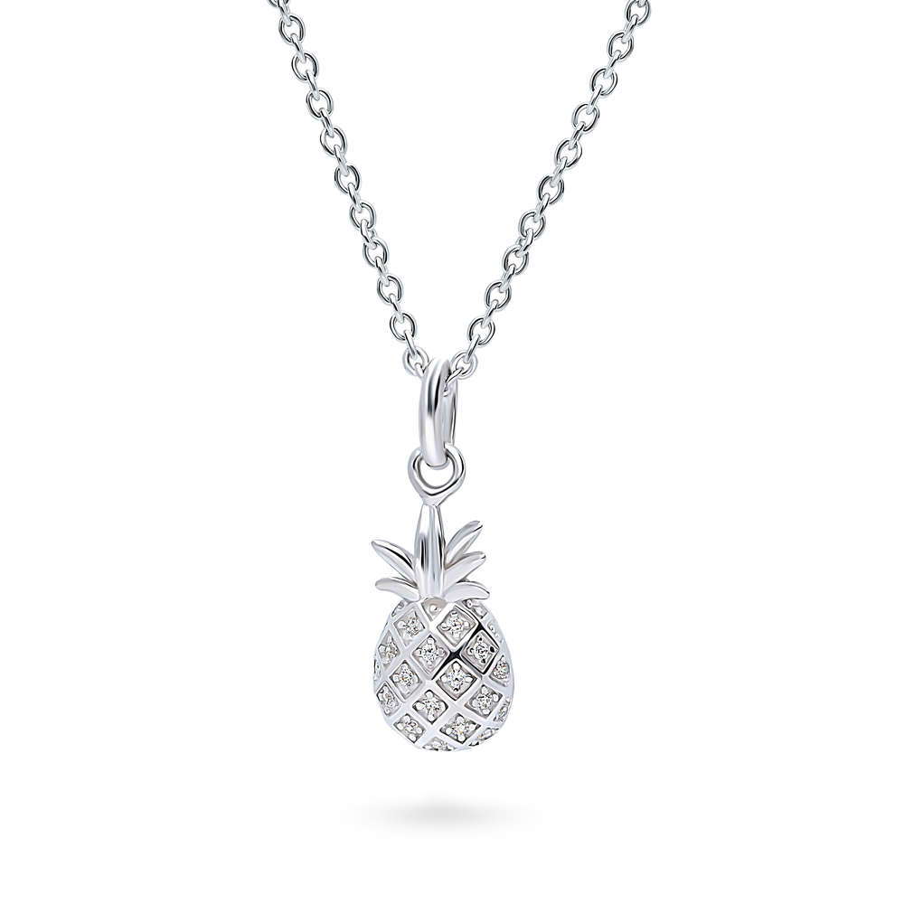 Front view of Pineapple CZ Necklace in Sterling Silver, Rhodium Plated