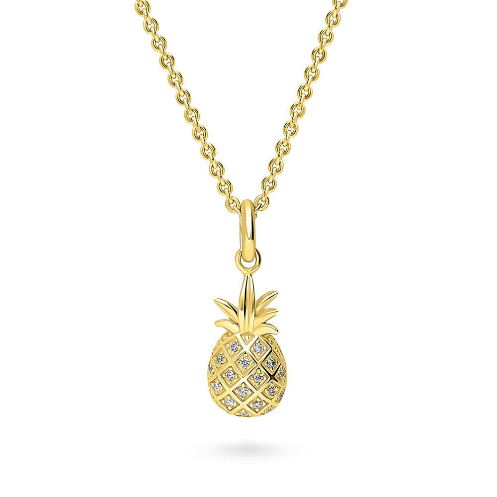 Pineapple CZ Necklace in Sterling Silver, Yellow Gold Flashed