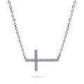 Sideways Cross CZ Necklace in Sterling Silver, Rhodium Plated