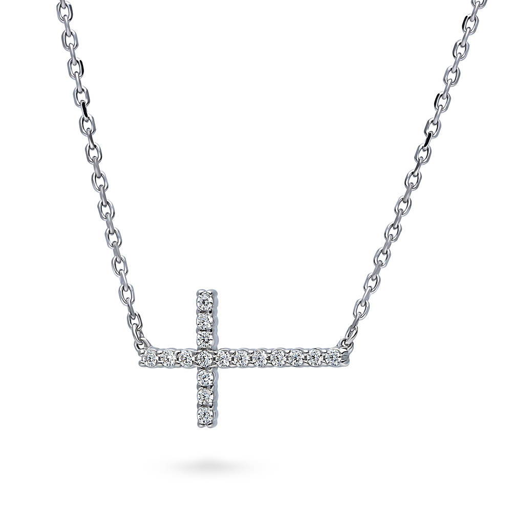 Front view of Sideways Cross CZ Necklace in Sterling Silver, Rhodium Plated