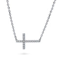 Front view of Sideways Cross CZ Necklace in Sterling Silver, Rhodium Plated