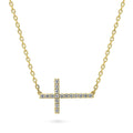 Sideways Cross CZ Necklace in Sterling Silver, Yellow Gold Flashed