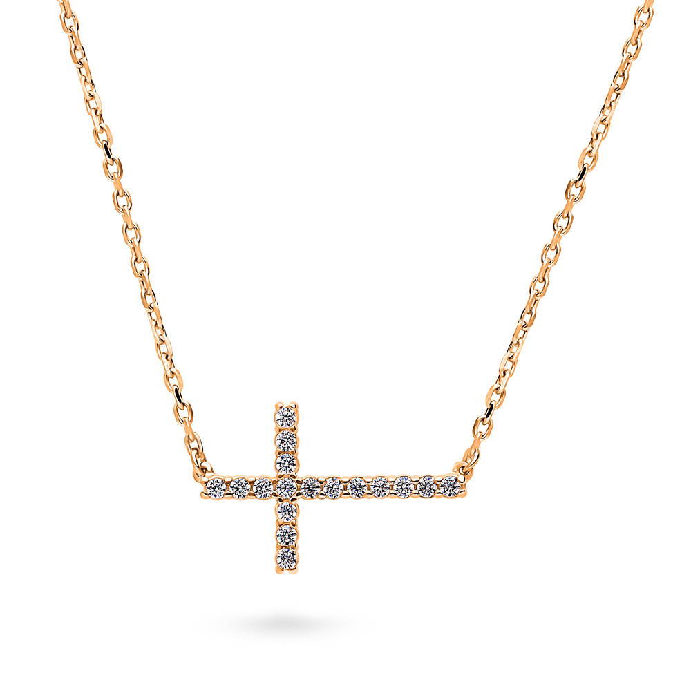 Sideways Cross CZ Necklace in Sterling Silver, Rose Gold Flashed