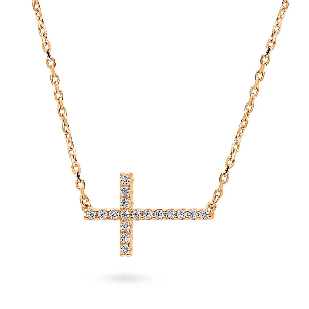 Front view of Sideways Cross CZ Necklace in Sterling Silver, Rose Gold Flashed