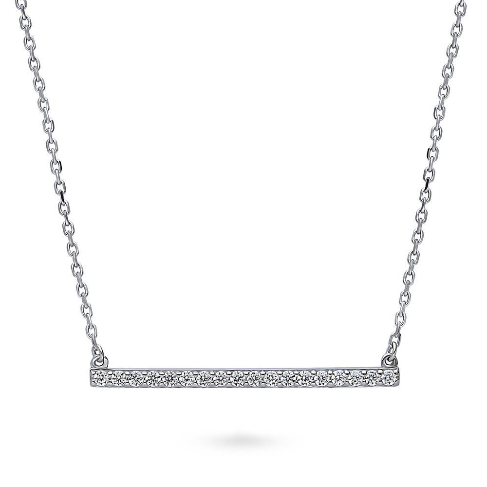 Bar CZ Pendant Necklace in Sterling Silver, Rhodium Plated