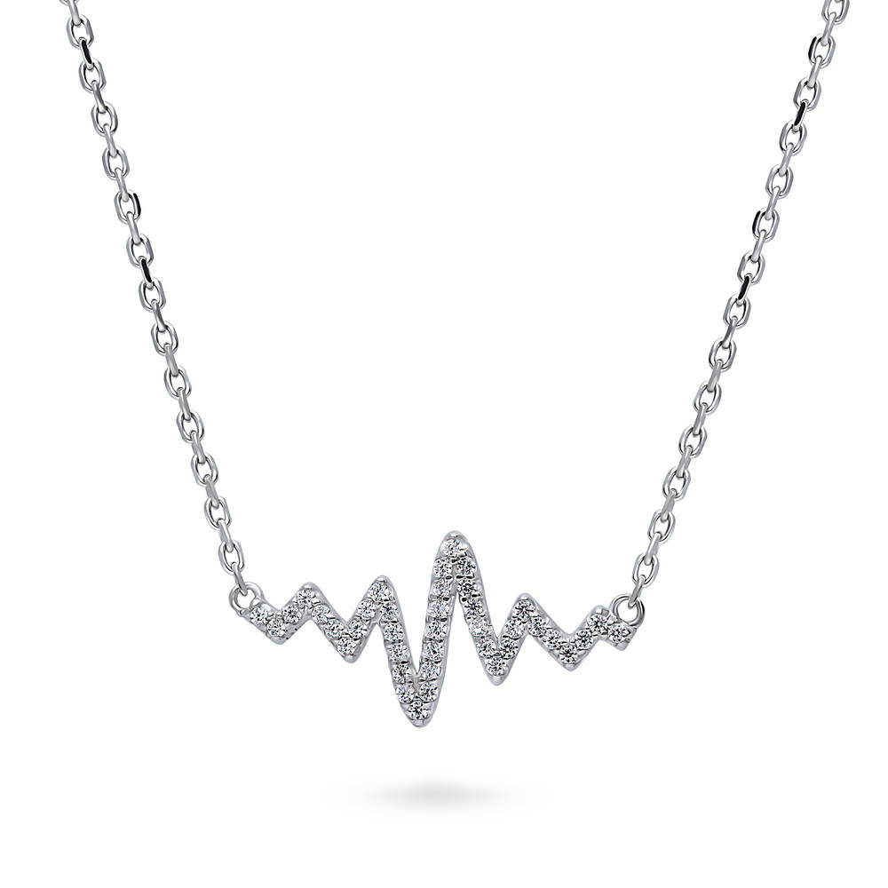 Front view of Heartbeat CZ Necklace in Sterling Silver, Rhodium Plated