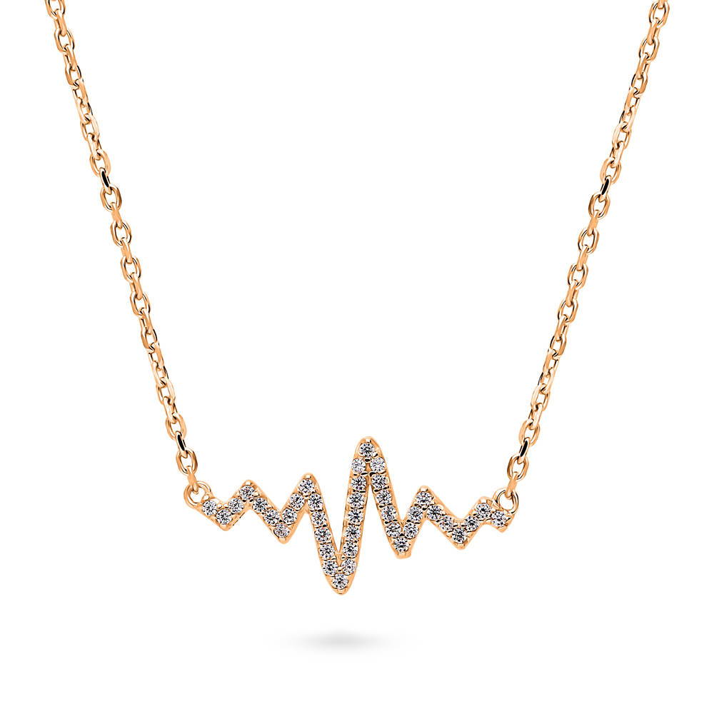 Heartbeat CZ Necklace in Sterling Silver, Rose Gold Flashed