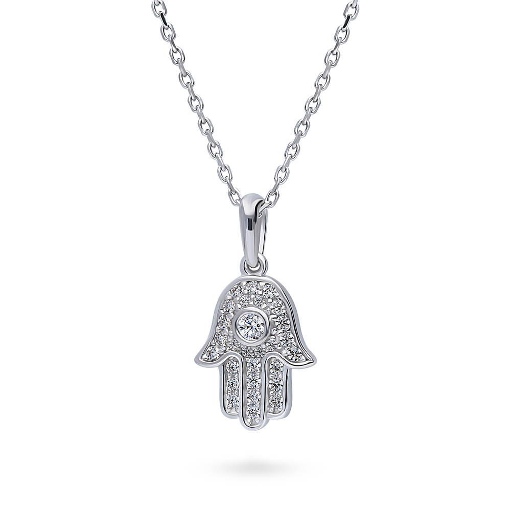 Front view of Hamsa Hand CZ Necklace in Sterling Silver, Rhodium Plated