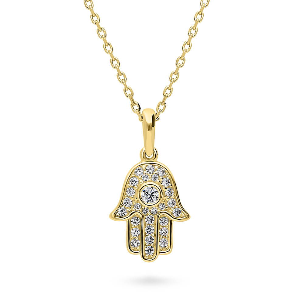 Hamsa Hand CZ Necklace in Sterling Silver, Yellow Gold Flashed