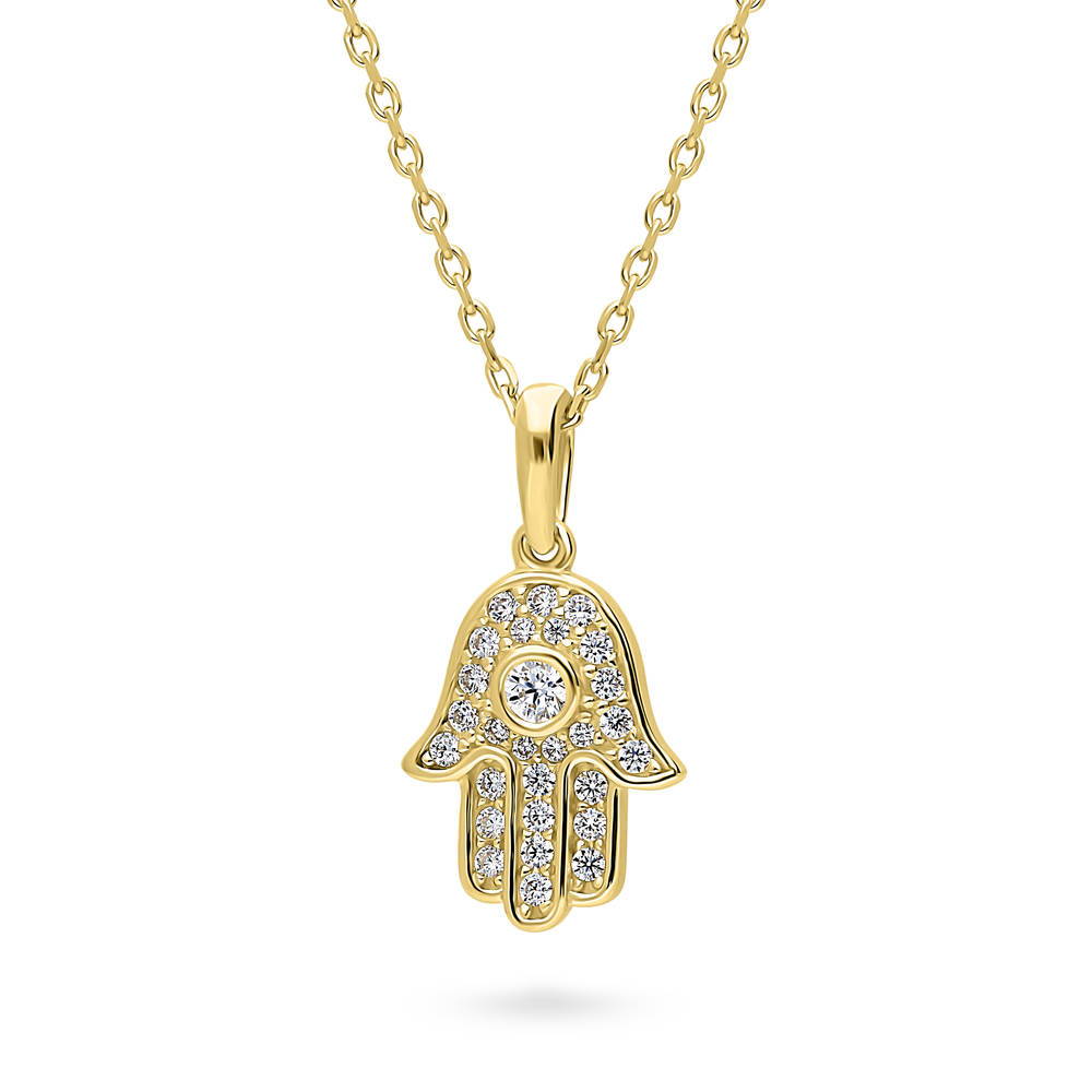 Front view of Hamsa Hand CZ Necklace in Sterling Silver, Yellow Gold Flashed