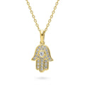 Front view of Hamsa Hand CZ Necklace in Sterling Silver, Yellow Gold Flashed