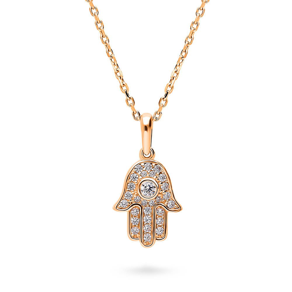 Hamsa Hand CZ Necklace in Sterling Silver, Rose Gold Flashed