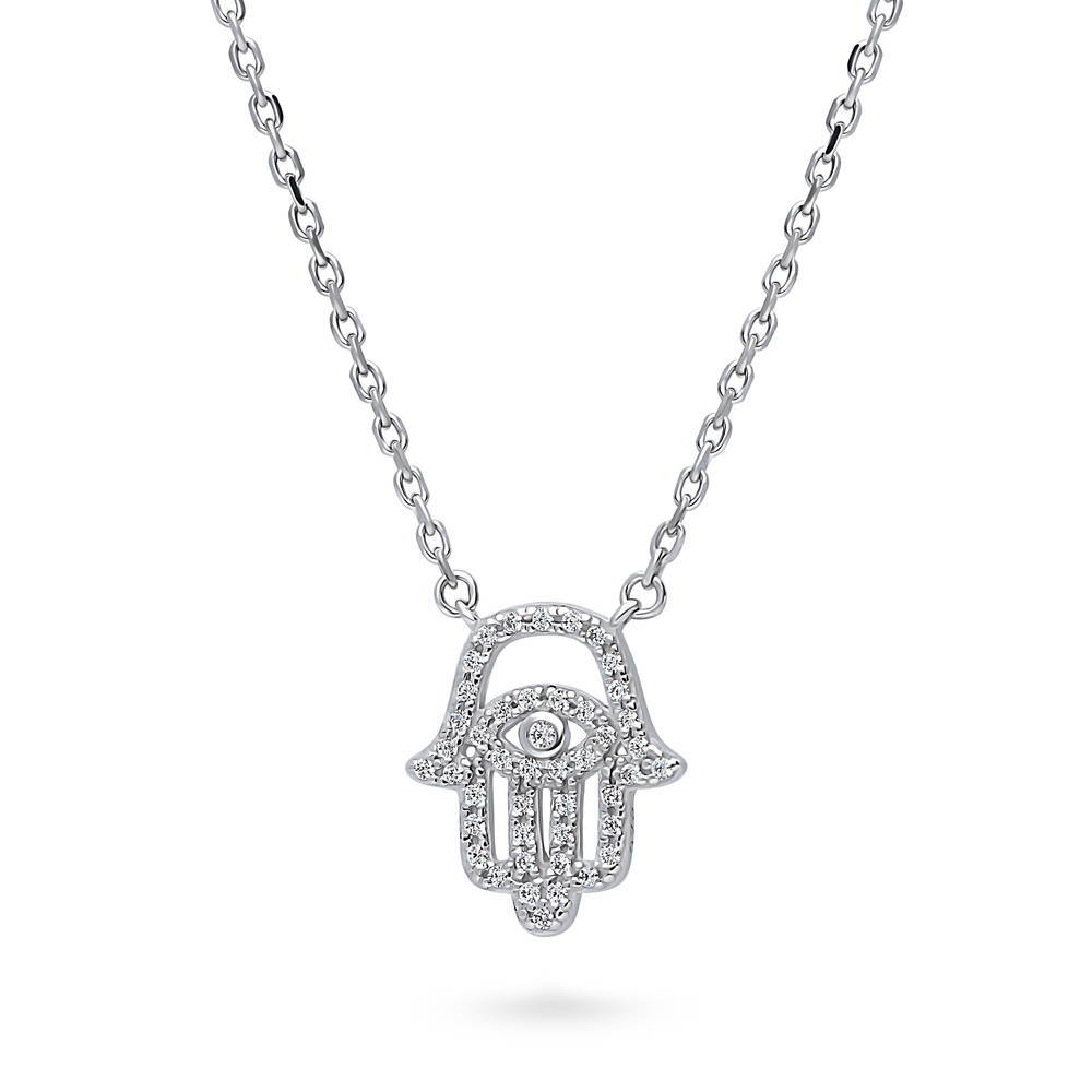 Front view of Hamsa Hand Evil Eye CZ Necklace in Sterling Silver, Rhodium Plated