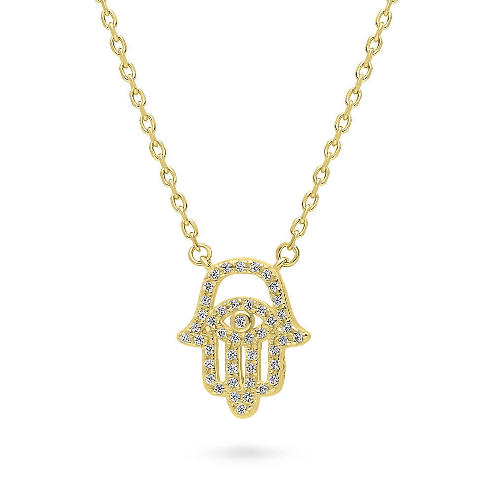 Front view of Hamsa Hand Evil Eye CZ Necklace in Sterling Silver, Yellow Gold Flashed