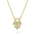 Front view of Hamsa Hand Evil Eye CZ Necklace in Sterling Silver, Yellow Gold Flashed