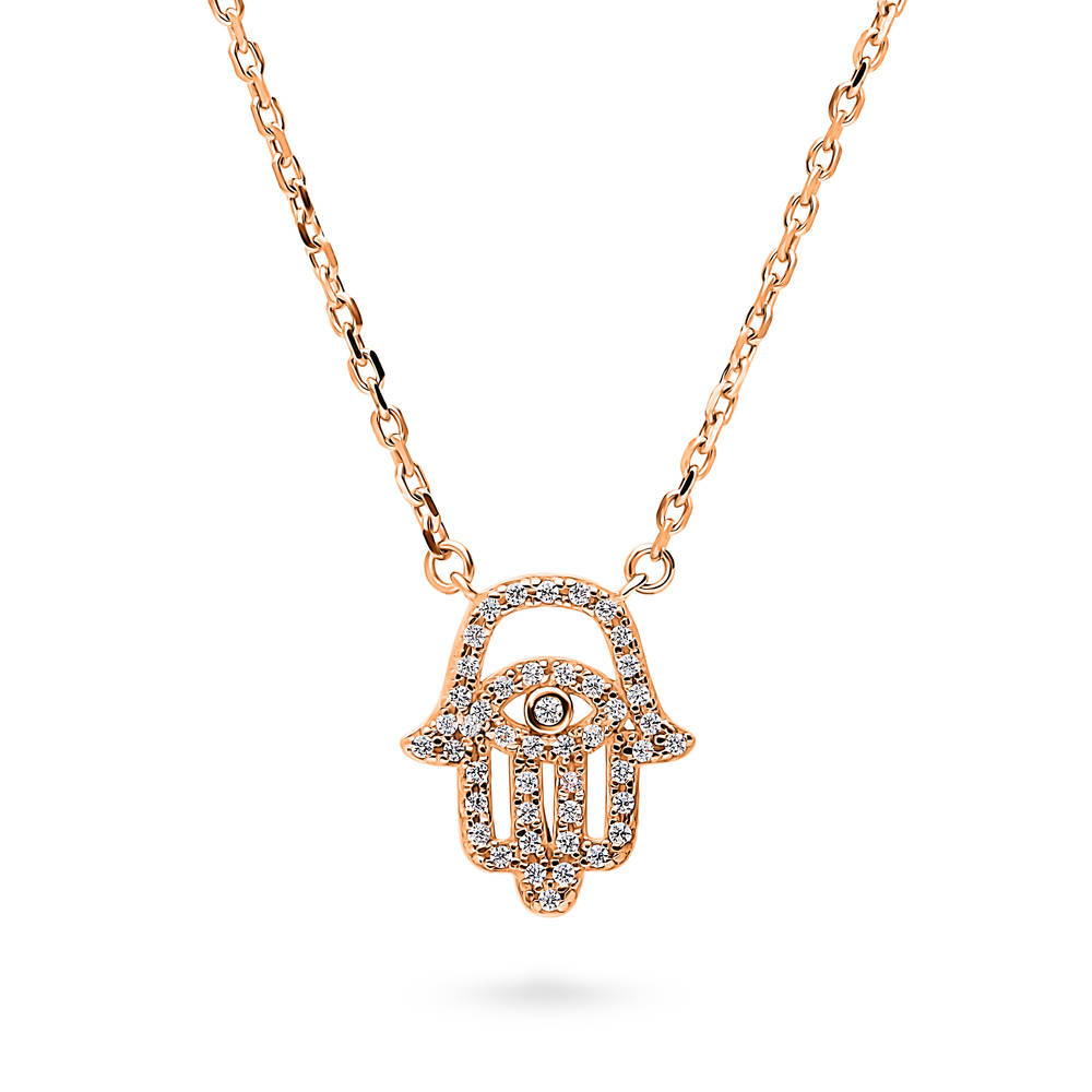 Hamsa Hand Evil Eye CZ Necklace in Sterling Silver, Rose Gold Flashed