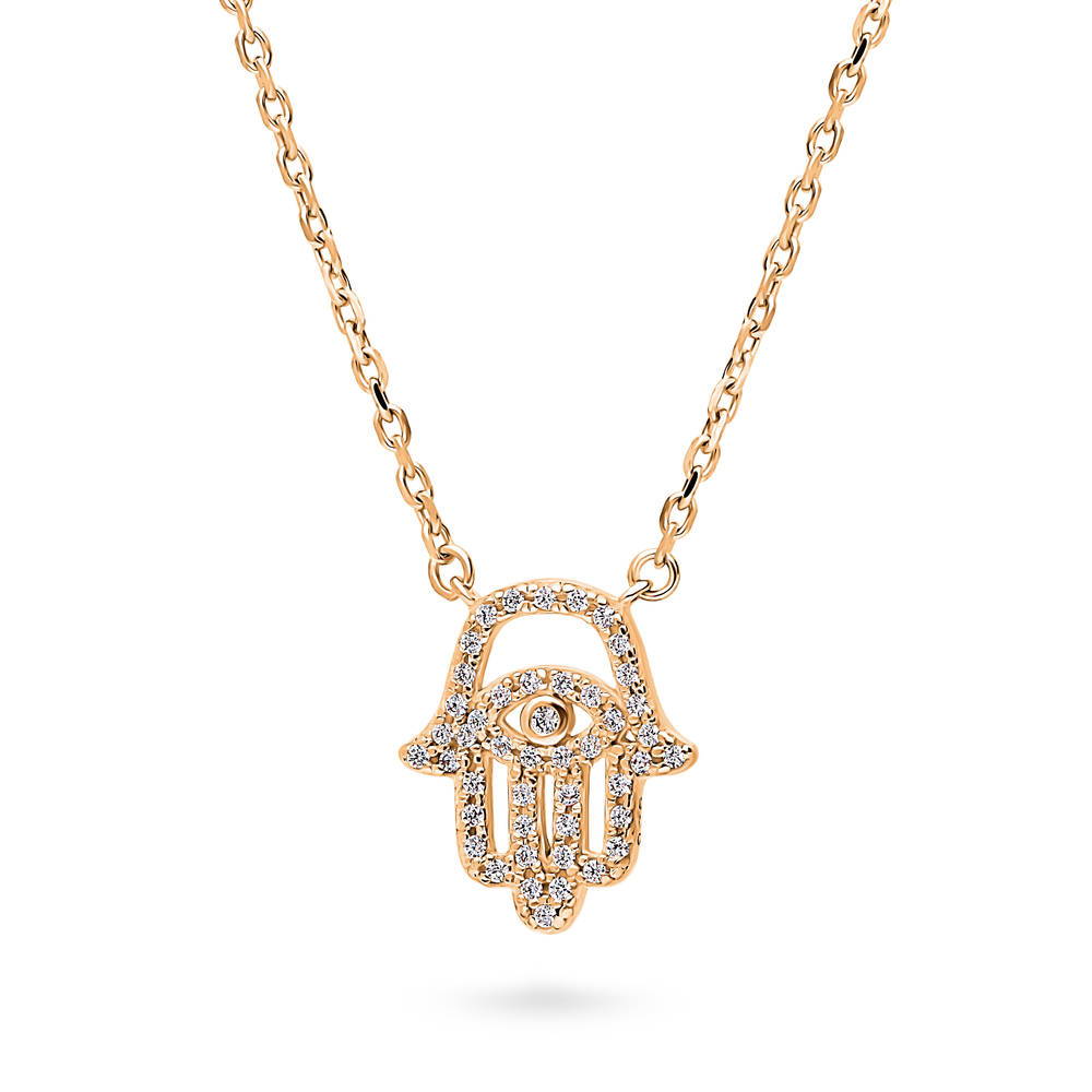 Front view of Hamsa Hand Evil Eye CZ Necklace in Sterling Silver, Rose Gold Flashed