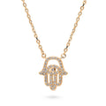 Front view of Hamsa Hand Evil Eye CZ Necklace in Sterling Silver, Rose Gold Flashed