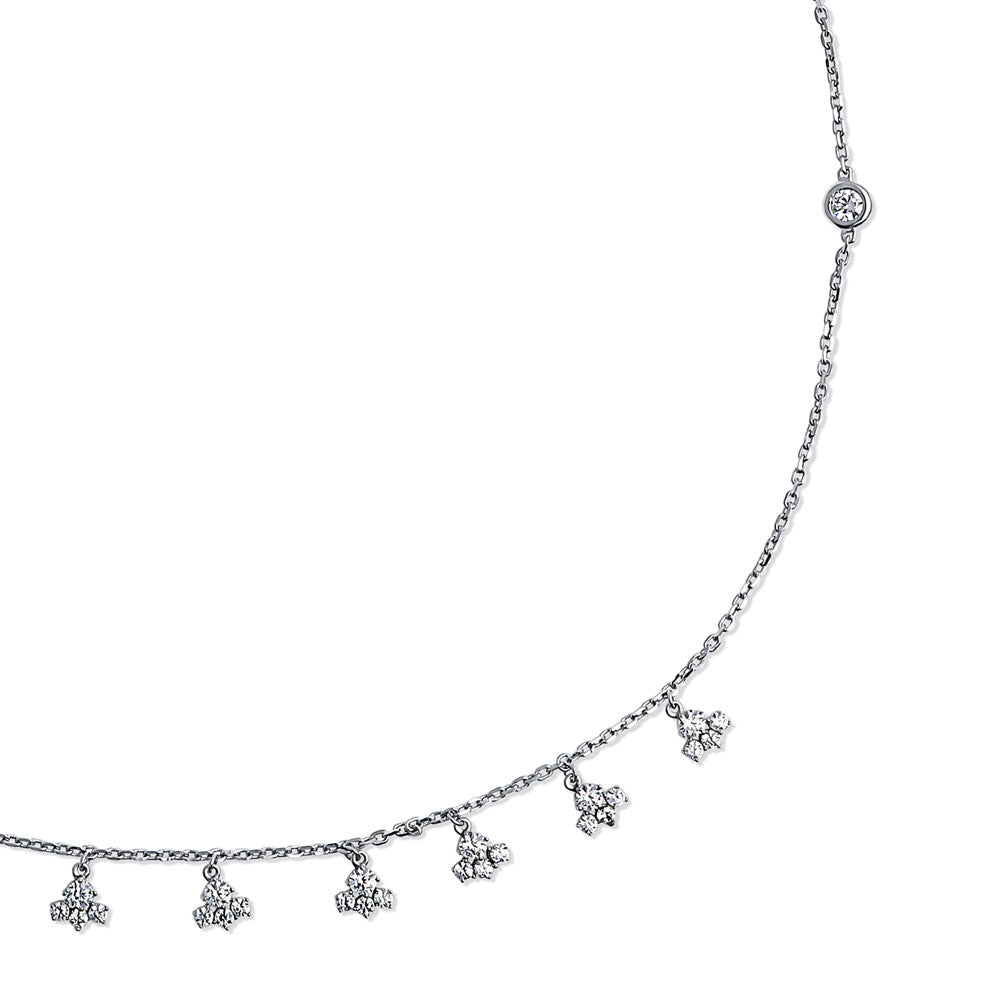 Front view of Cluster CZ Station Necklace in Sterling Silver, Rhodium Plated