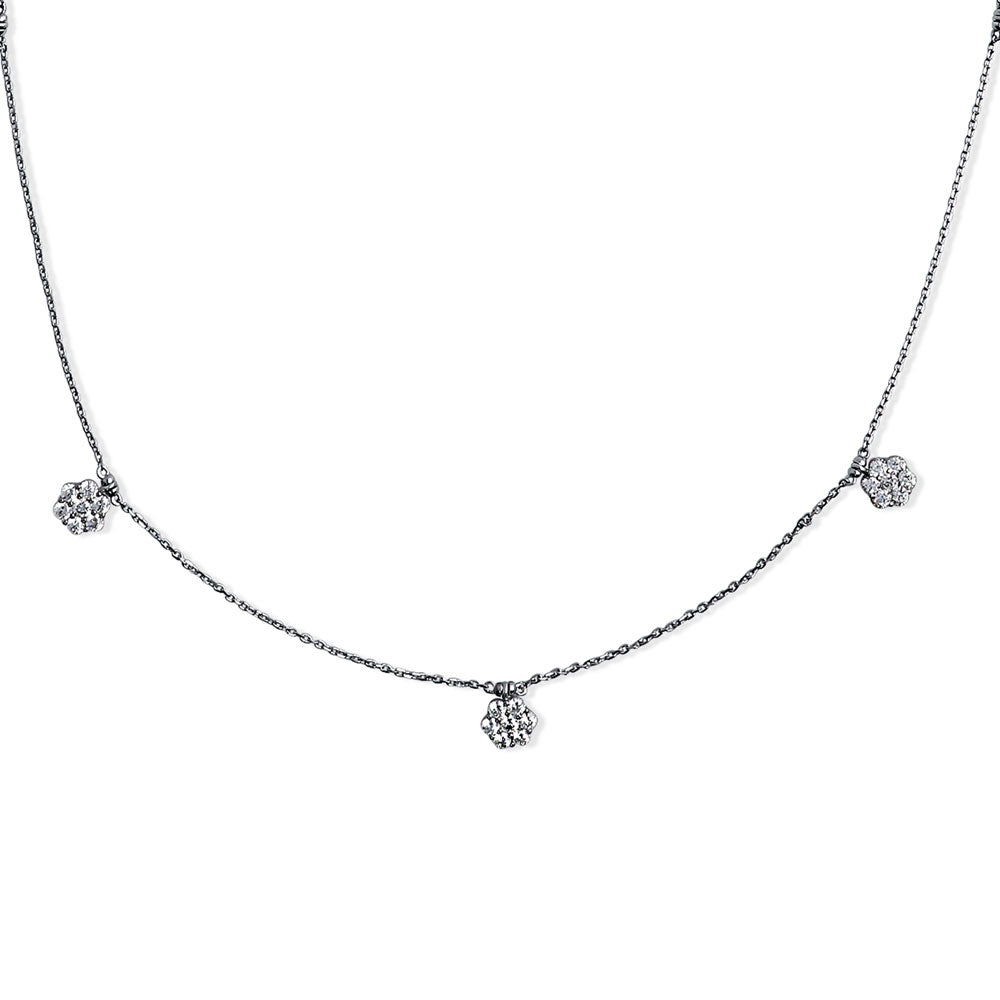 Side view of Flower CZ Station Necklace in Sterling Silver, Rhodium Plated