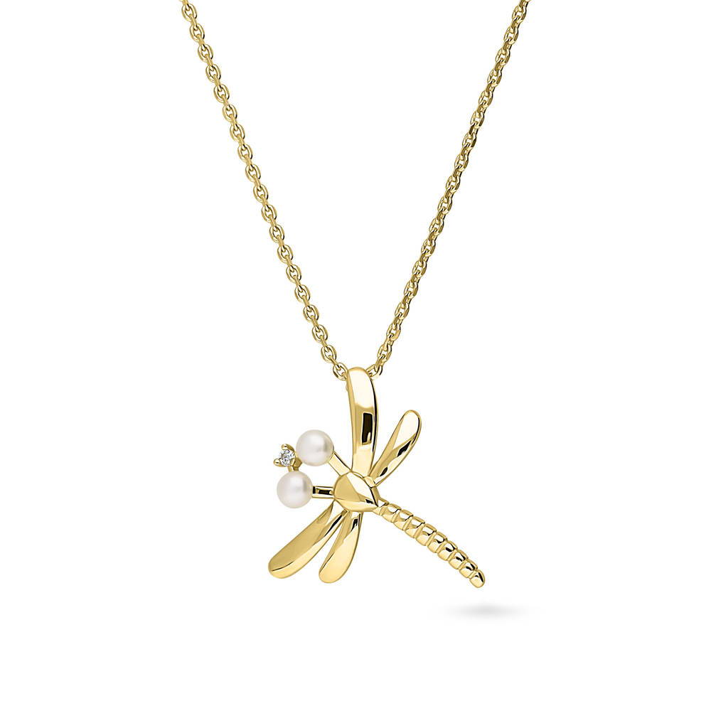 Front view of Dragonfly Button Cultured Pearl Necklace in Sterling Silver, Yellow Gold Flashed