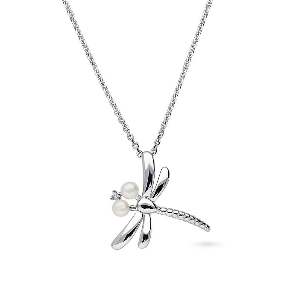 Dragonfly Button Cultured Pearl Necklace in Sterling Silver, Rhodium Plated