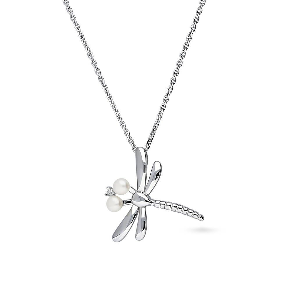 Front view of Dragonfly Button Cultured Pearl Necklace in Sterling Silver, Rhodium Plated