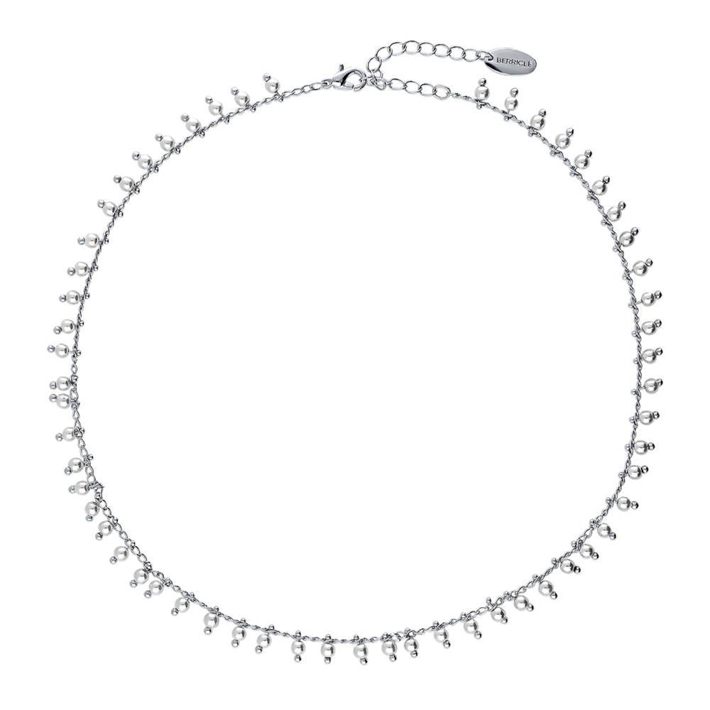 Imitation Pearl Station Necklace, Rhodium Plated