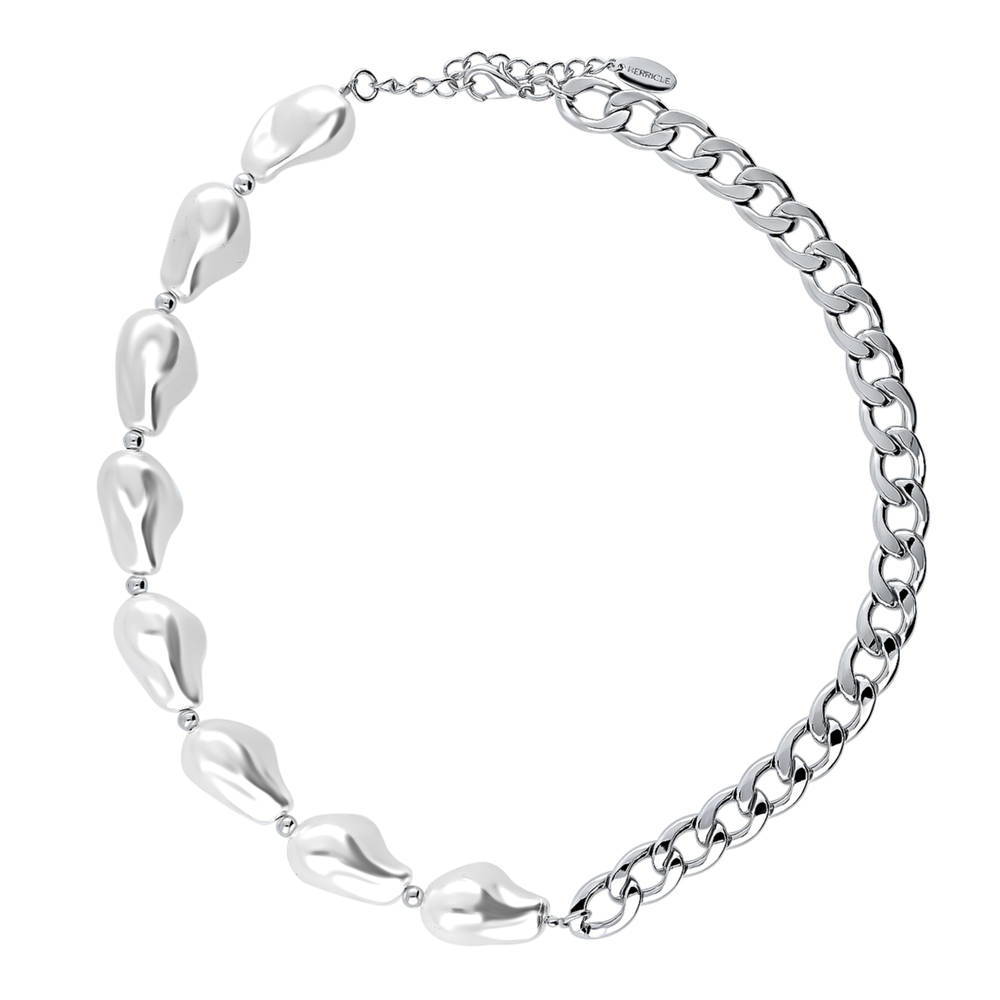Imitation Pearl Curb Chain Necklace, Rhodium Plated