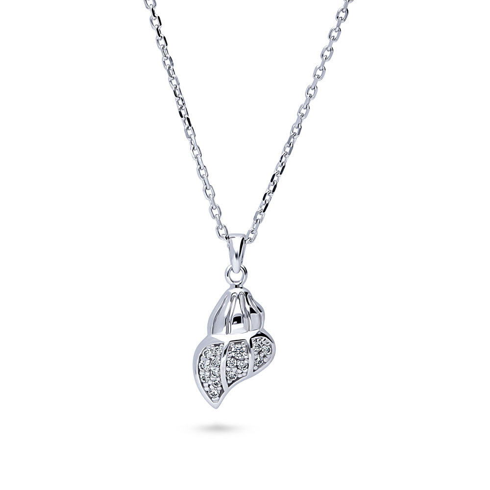 Seashell CZ Pendant Necklace in Sterling Silver, Rhodium Plated